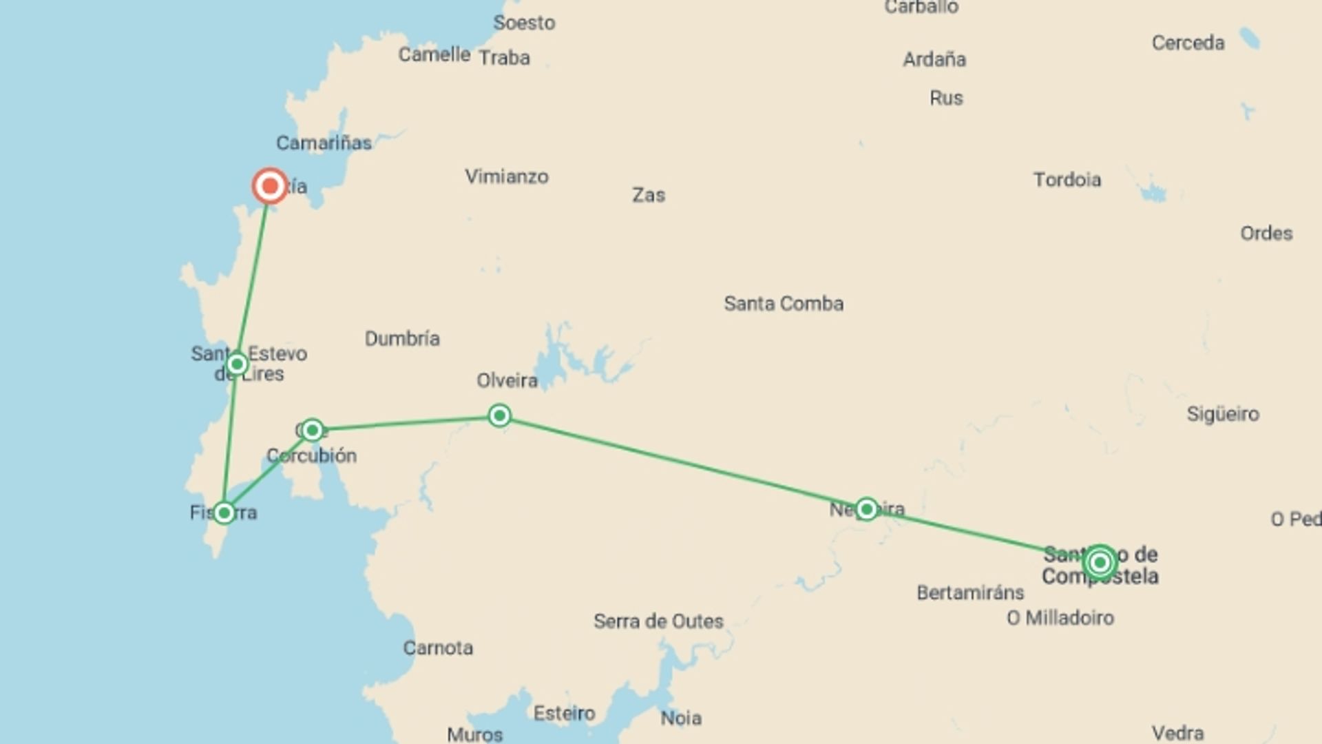 A map showing the tour itinerary for the trip: Camino de Santiago to Muxia - 8 days, starting in Santiago De Compostela, Spain and ending in Muxia, Spain going through 5 other destinations.