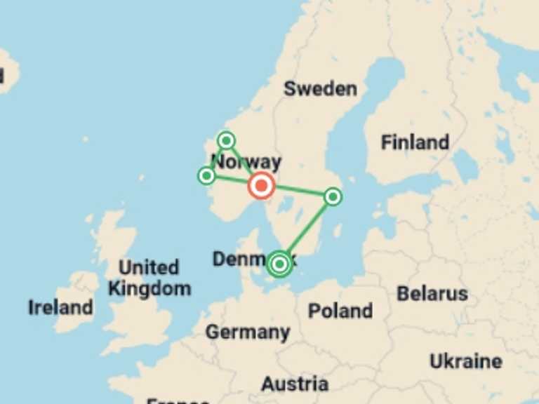 Map of Scandinavia Sightseeing Tour with 5 destination visits for the trip: Timeless Scandinavia