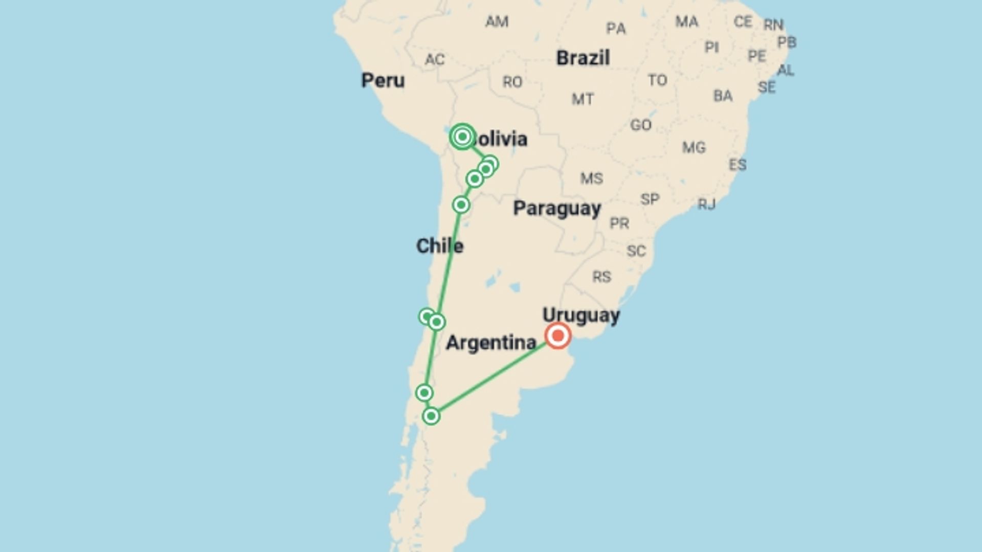 A map showing the tour itinerary for the trip: South America Highlights: Bolivia, Chile, & Argentina, starting in La Paz, Bolivia and ending in Buenos Aires, Argentina going through 9 other destinations.