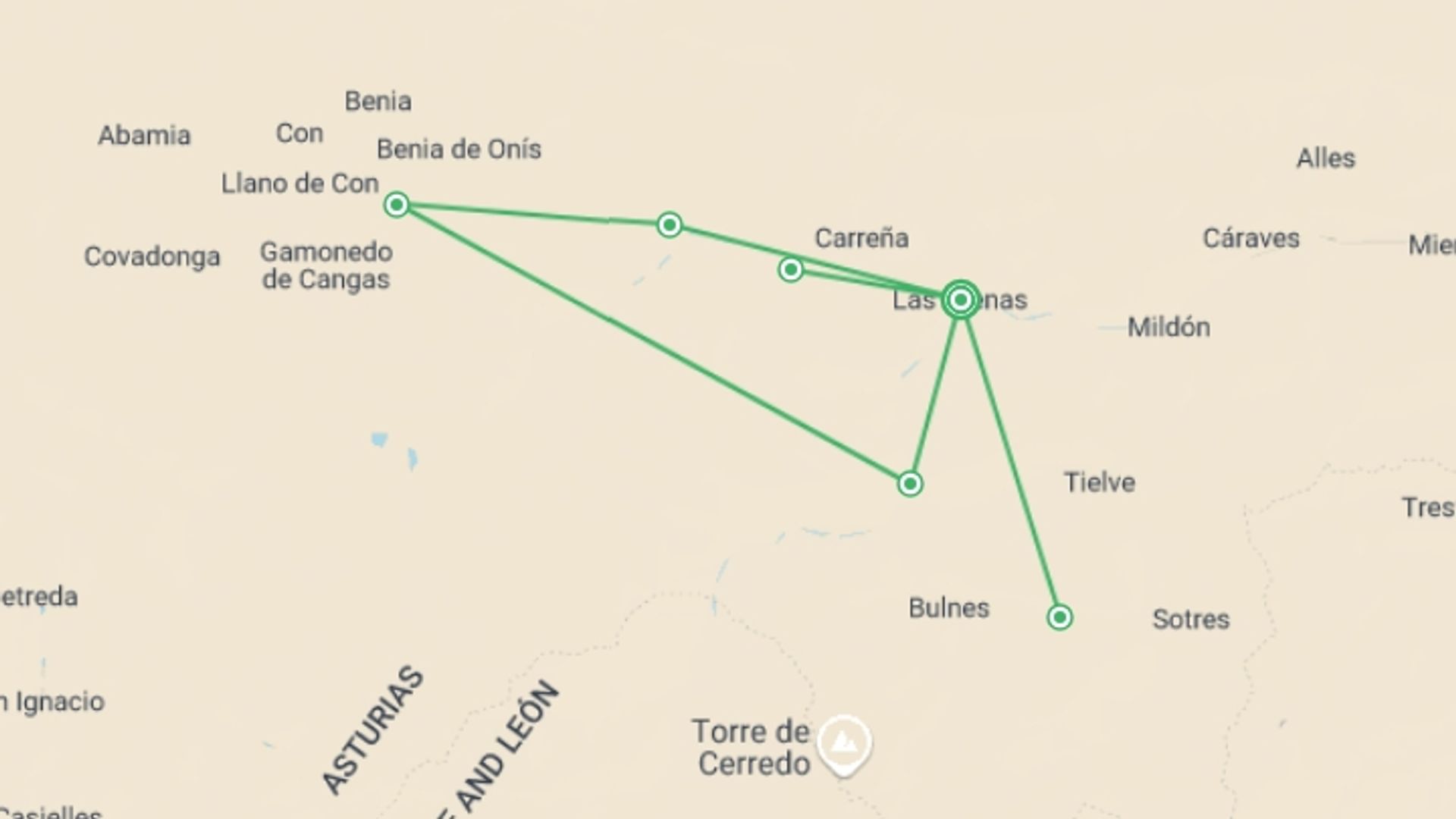 A map showing the tour itinerary for the trip: Walking the Picos de Europa, starting in Arenas De Cabrales, Spain and ending in Arenas De Cabrales, Spain going through 3 other destinations.
