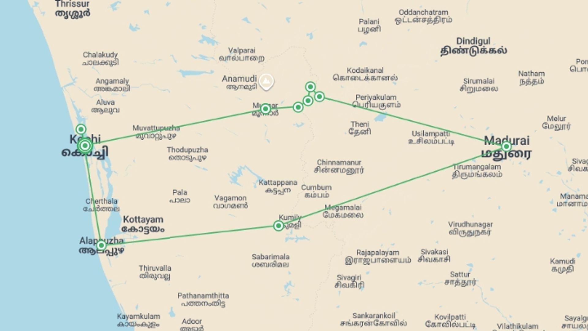 A map showing the tour itinerary for the trip: Spice Trails of Kerala, starting in Kochi, India and ending in Kochi, India going through 9 other destinations.