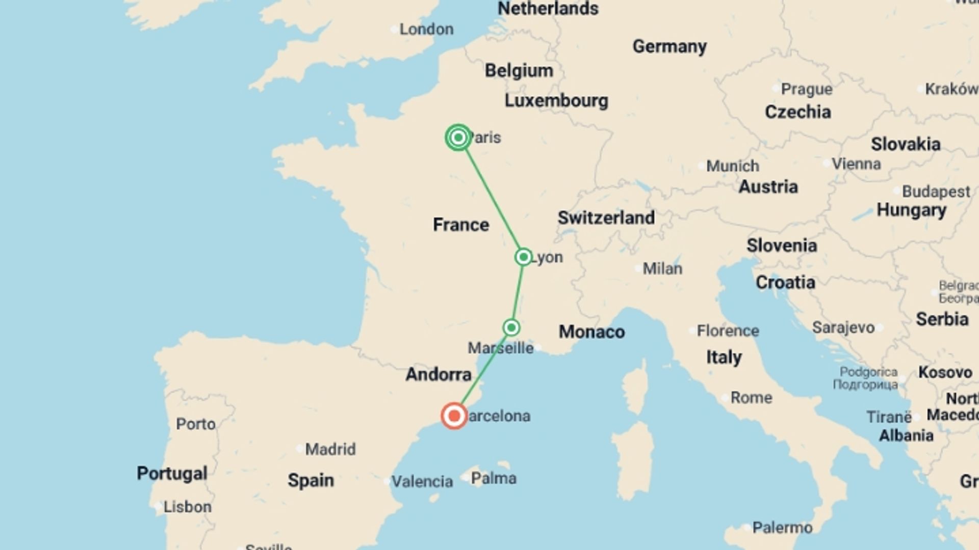 A map showing the tour itinerary for the trip: France to Spain: A Cultural Crossing, starting in Paris, France and ending in Barcelona, Spain going through 2 other destinations.