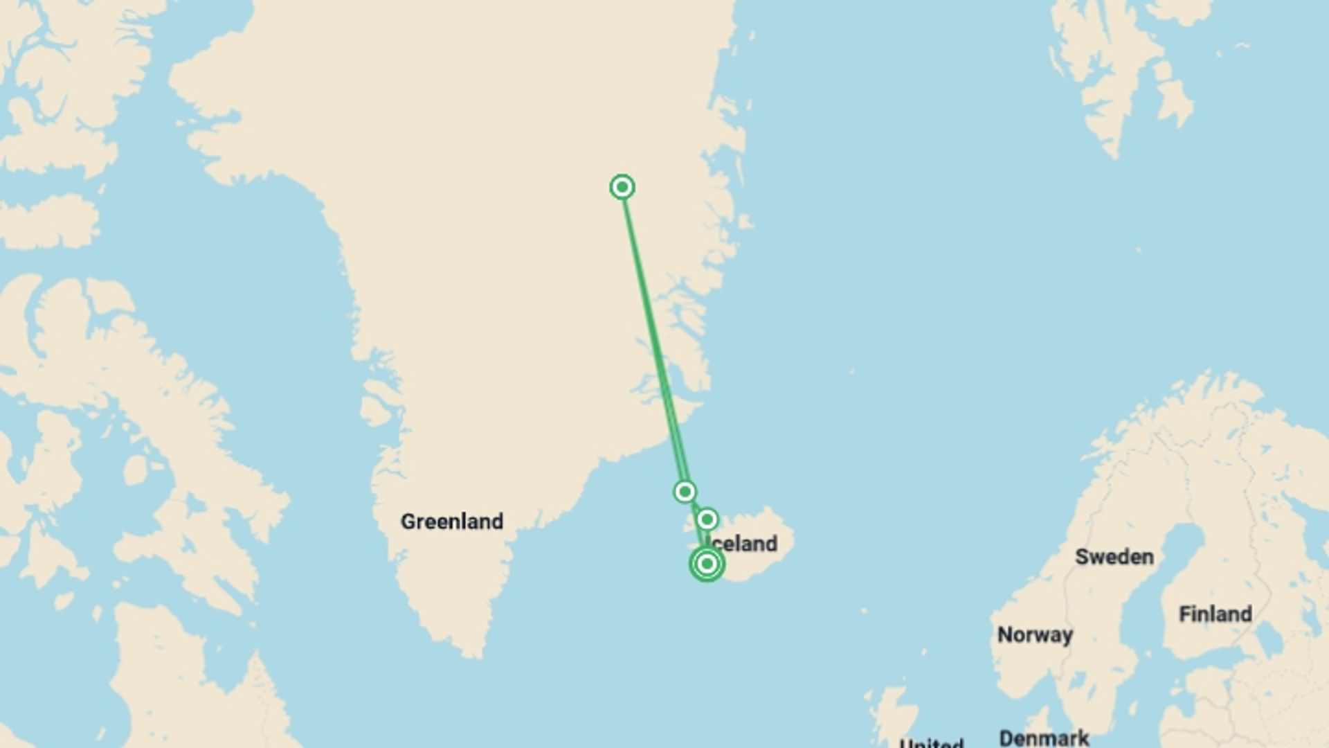 A map showing the tour itinerary for the trip: Under the Northern Lights: Exploring Iceland & East Greenland, starting in Reykjavik, Iceland and ending in Reykjavik, Iceland going through 4 other destinations.