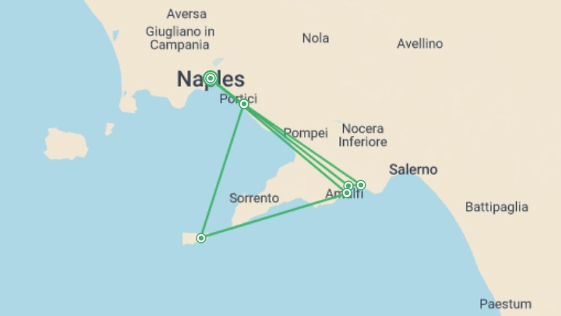 A map showing the tour itinerary for the trip: Amalfi Coast Discovery, starting in Naples, Italy and ending in Naples, Italy going through 5 other destinations.