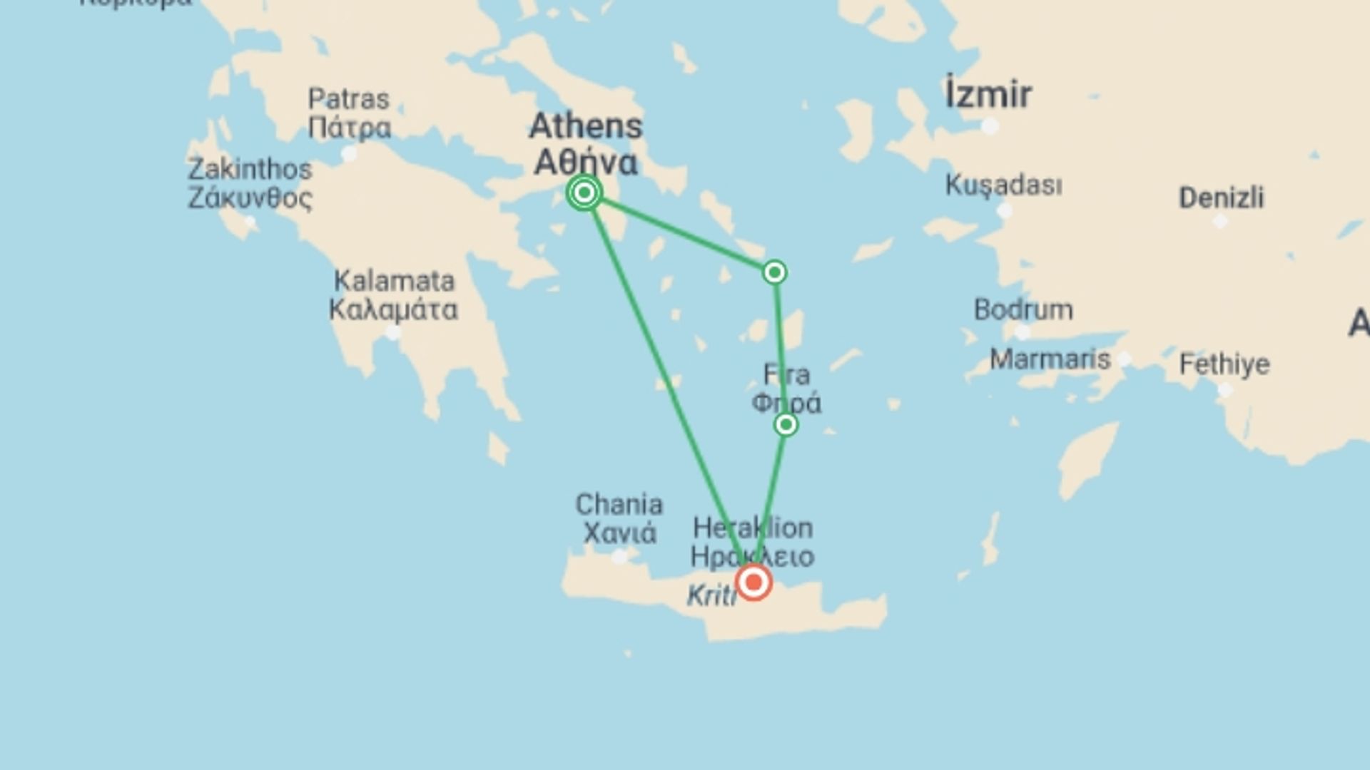 A map showing the tour itinerary for the trip: Wonders of Athens Mykonos Santorini and Crete, starting in Athens, Greece and ending in Heraklion, Greece going through 2 other destinations.