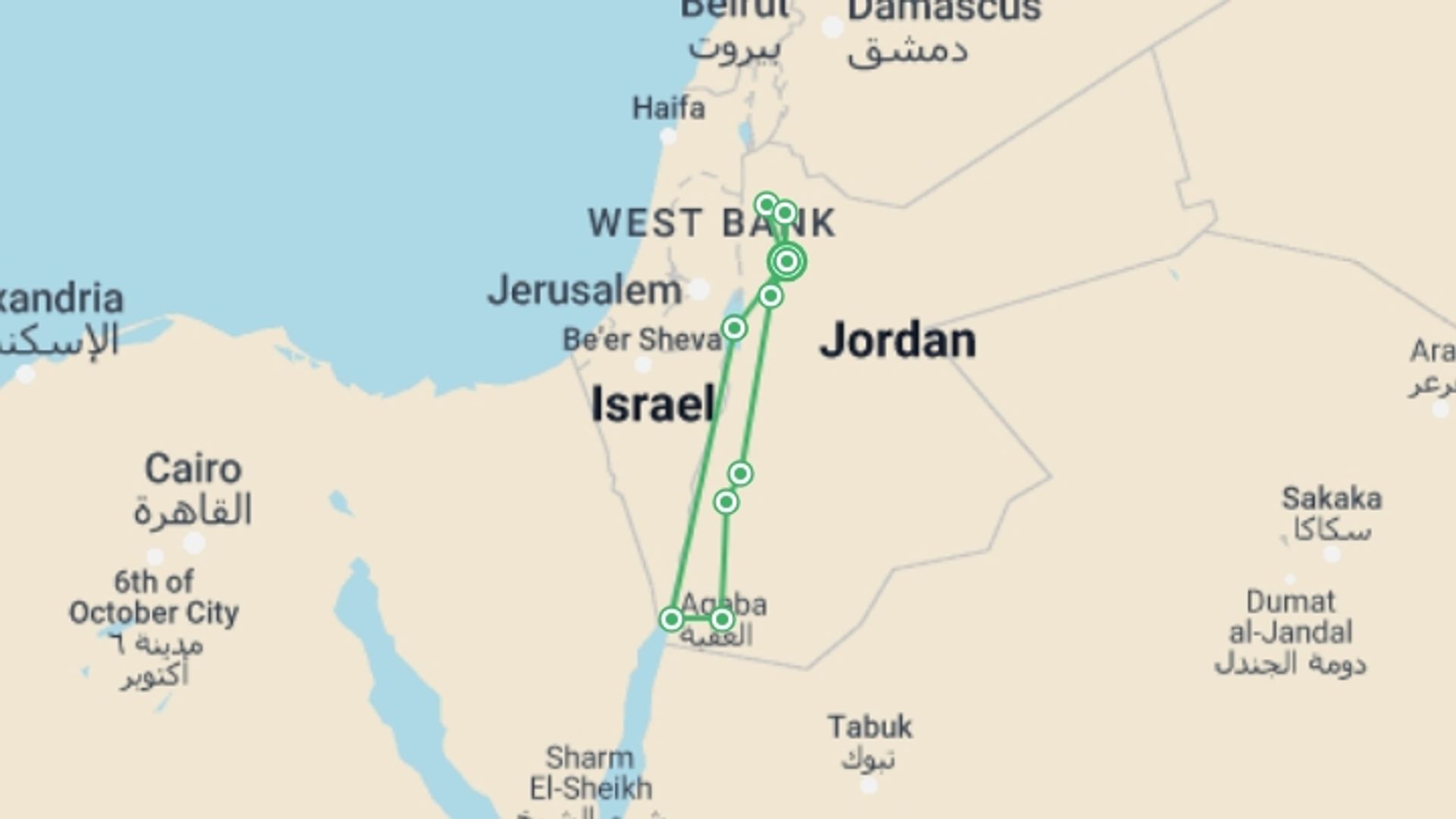 A map showing the tour itinerary for the trip: Seven Day Private Tour of Jordan, starting in Amman, Jordan and ending in Amman, Jordan going through 6 other destinations.