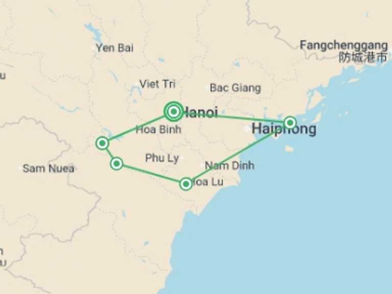 Map itinerary of Asia Tour in June 2026 with 5 destination visits for the trip: Hanoi, Mai Chau, Pu Luong & Halong Bay - 9 days 