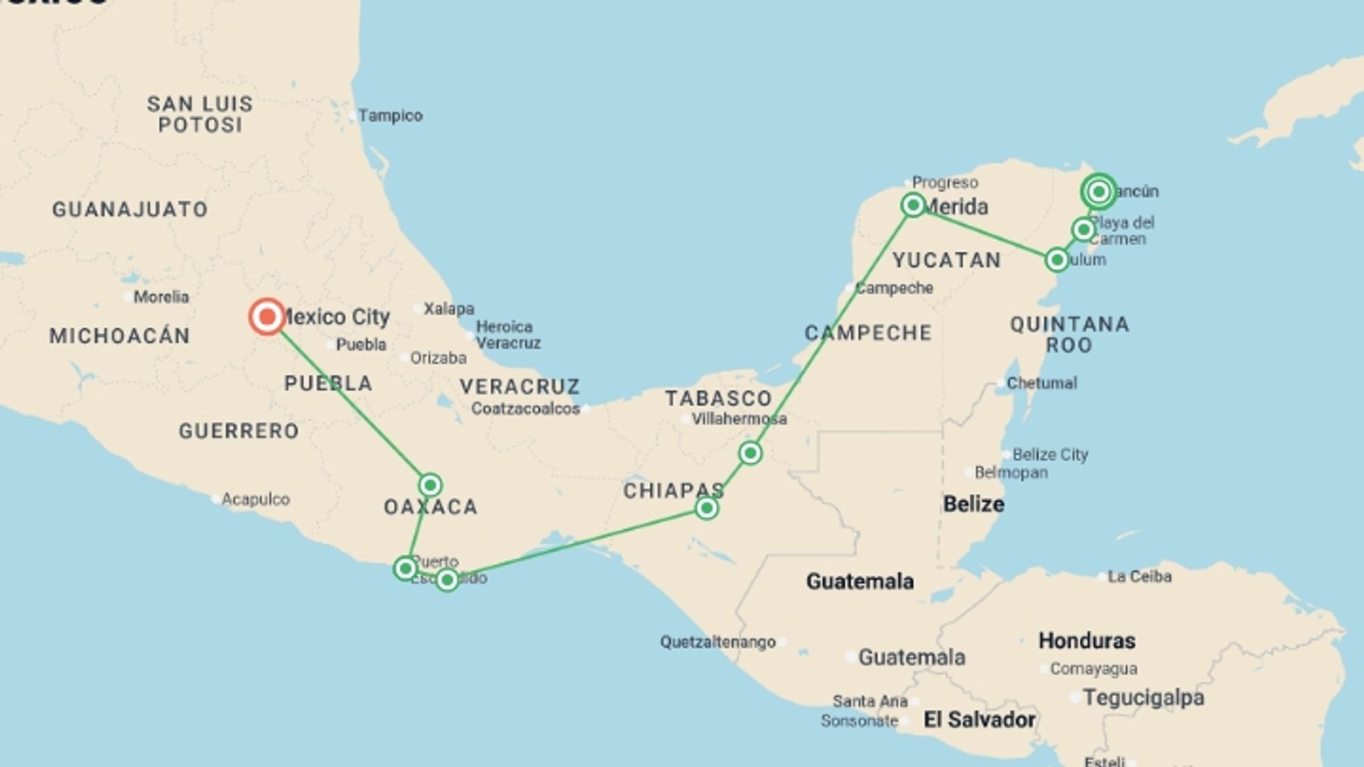 A map showing the tour itinerary for the trip: Mexico Highlights (from Cancun) Travel Pass, starting in Cancún, Mexico and ending in Mexico City, Mexico going through 8 other destinations.