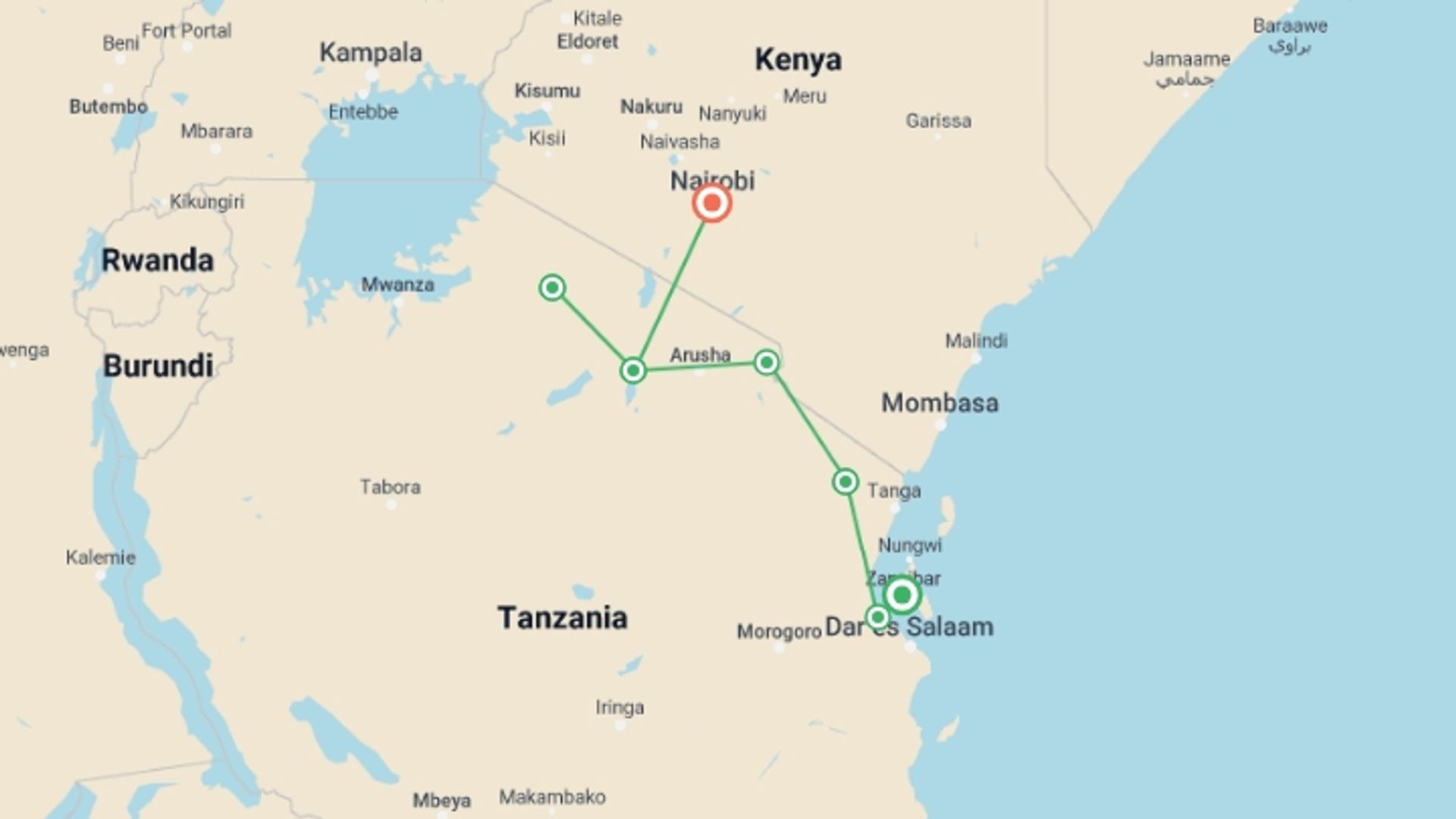 A map showing the tour itinerary for the trip: Stone Town to Nairobi, starting in Zanzibar, Tanzania and ending in Nairobi, Kenya going through 5 other destinations.