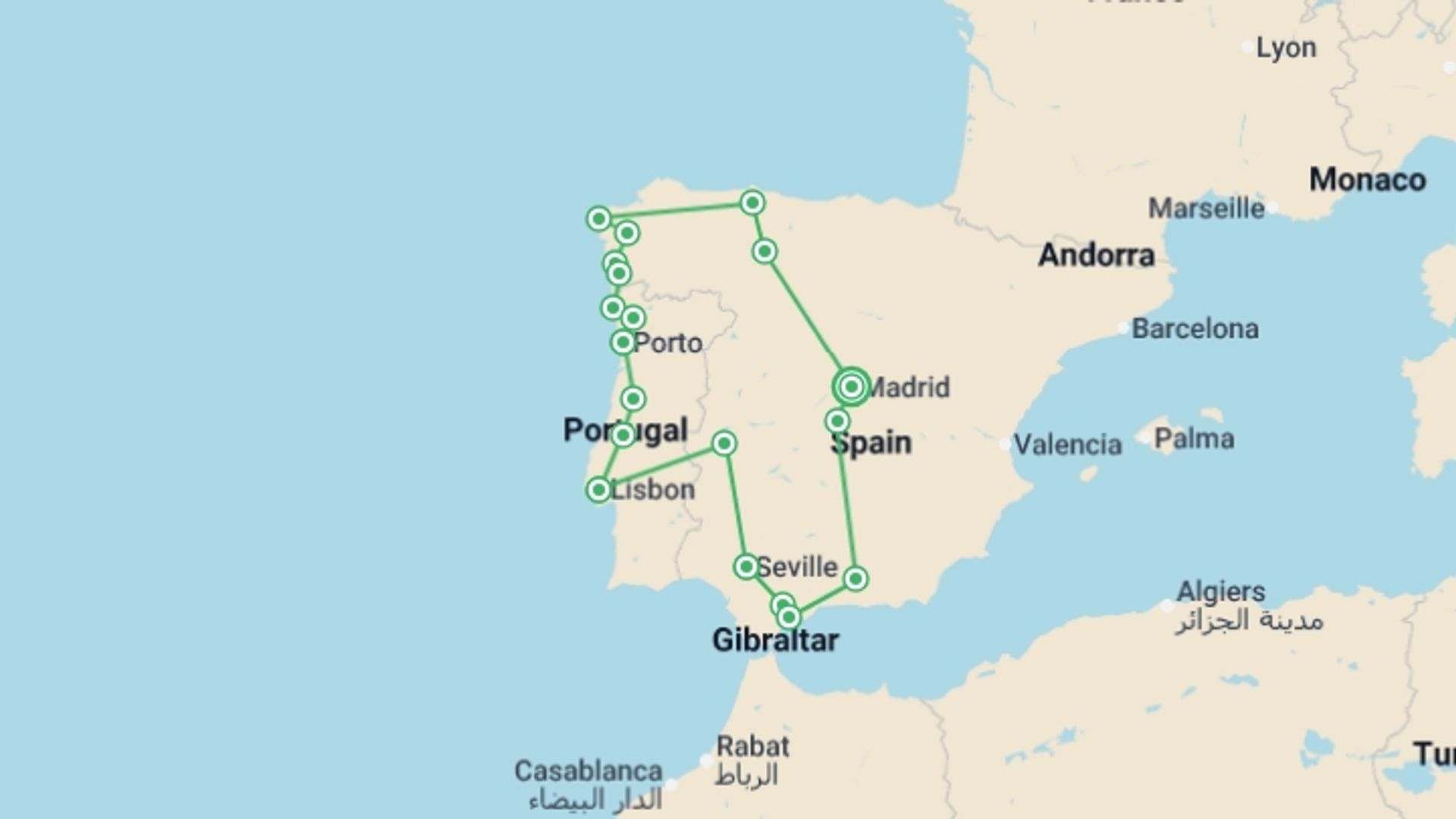 A map showing the tour itinerary for the trip: Madrid to Galicia, Portugal & Andalucia - 14 days, starting in Madrid, Spain and ending in Madrid, Spain going through 10 other destinations.