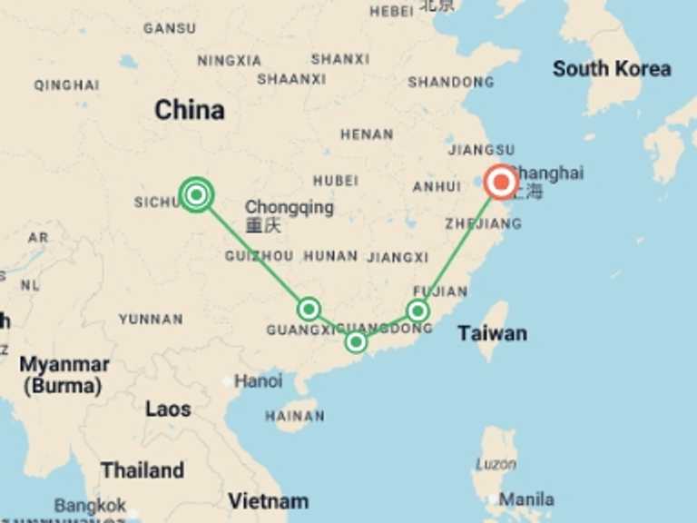Map itinerary of China Tour in August 2026 with 5 destination visits for the trip: China: Bike Rides & Village Walks