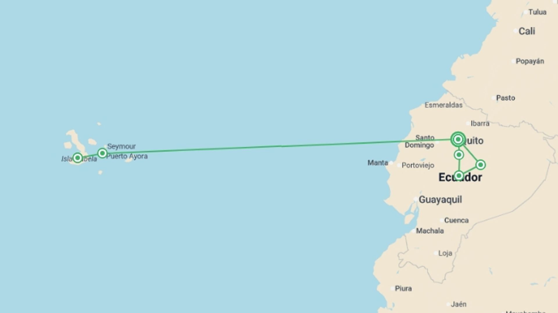 A map showing the tour itinerary for the trip: Ecuador Amazon & Galapagos Family Holiday, starting in Quito, Ecuador and ending in Quito, Ecuador going through 5 other destinations.