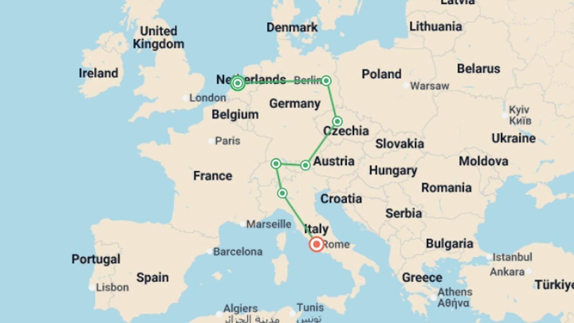 A map showing the tour itinerary for the trip: From Amsterdam to Rome GO, starting in Amsterdam, Holland and ending in Rome, Italy going through 5 other destinations.