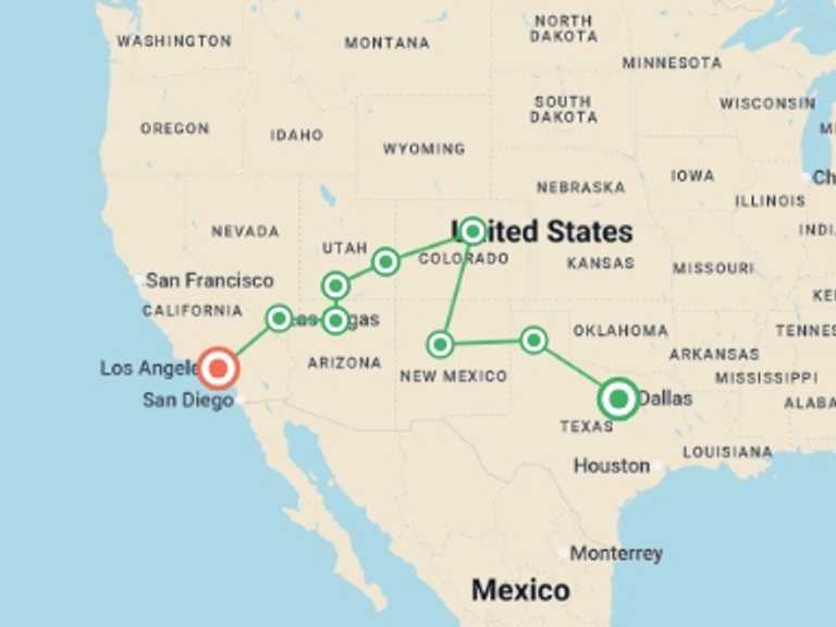 Map itinerary of USA Tour in December 2026 with 9 destination visits for the trip: USA: National Parks Road Trip