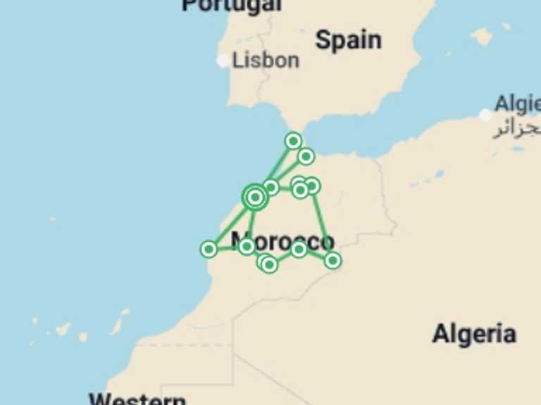 Map of 15-Day Marrakech Tour with 9 destination visits for the trip: Casablanca to Essaouira with Chefchaouen - 15 days