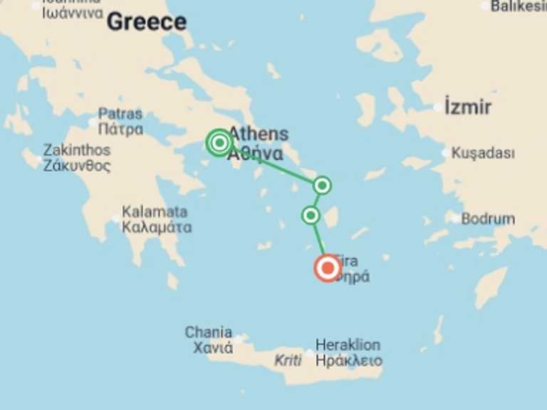 Map of Greece Sightseeing Tour with 4 destination visits for the trip: Athens to Santorini Island Hopping