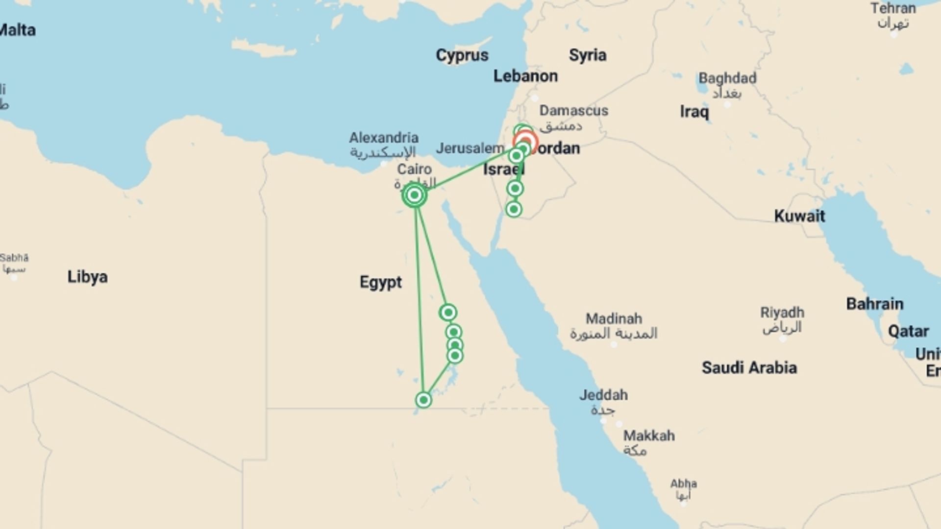 A map showing the tour itinerary for the trip: Best of Egypt & Jordan Luxury Tour, starting in Cairo, Egypt and ending in Amman, Jordan going through 6 other destinations.