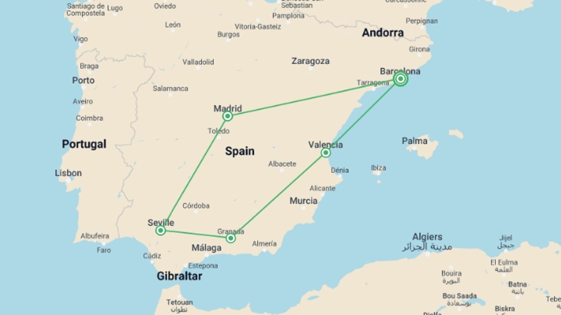 A map showing the tour itinerary for the trip: Spain In Style  (small Group), starting in Barcelona, Spain and ending in Barcelona, Spain going through 4 other destinations.