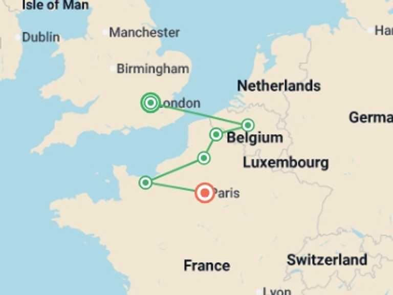 Map itinerary of London Tour in September 2026 with 7 destination visits for the trip: WWI and WWII Battlefields