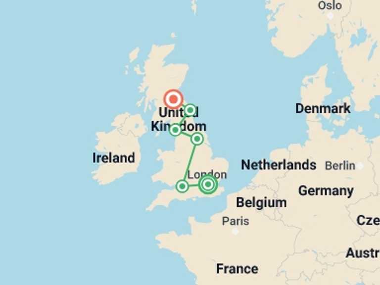Map itinerary of London Tour in May 2027 with 2 destination visits for the trip: British Royale