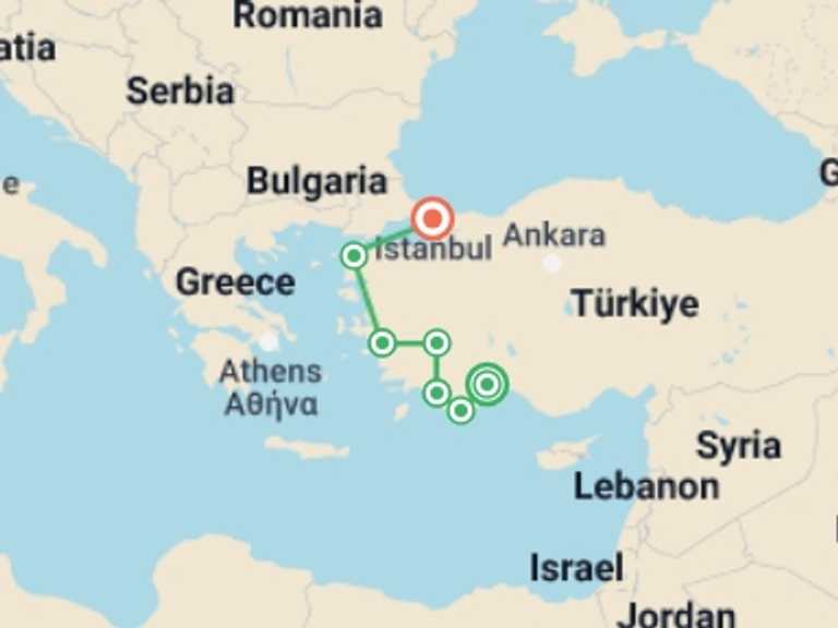 Map itinerary of Antalya Tour in March 2027 with 7 destination visits for the trip: Turkey: Troy & the Turkish Riviera