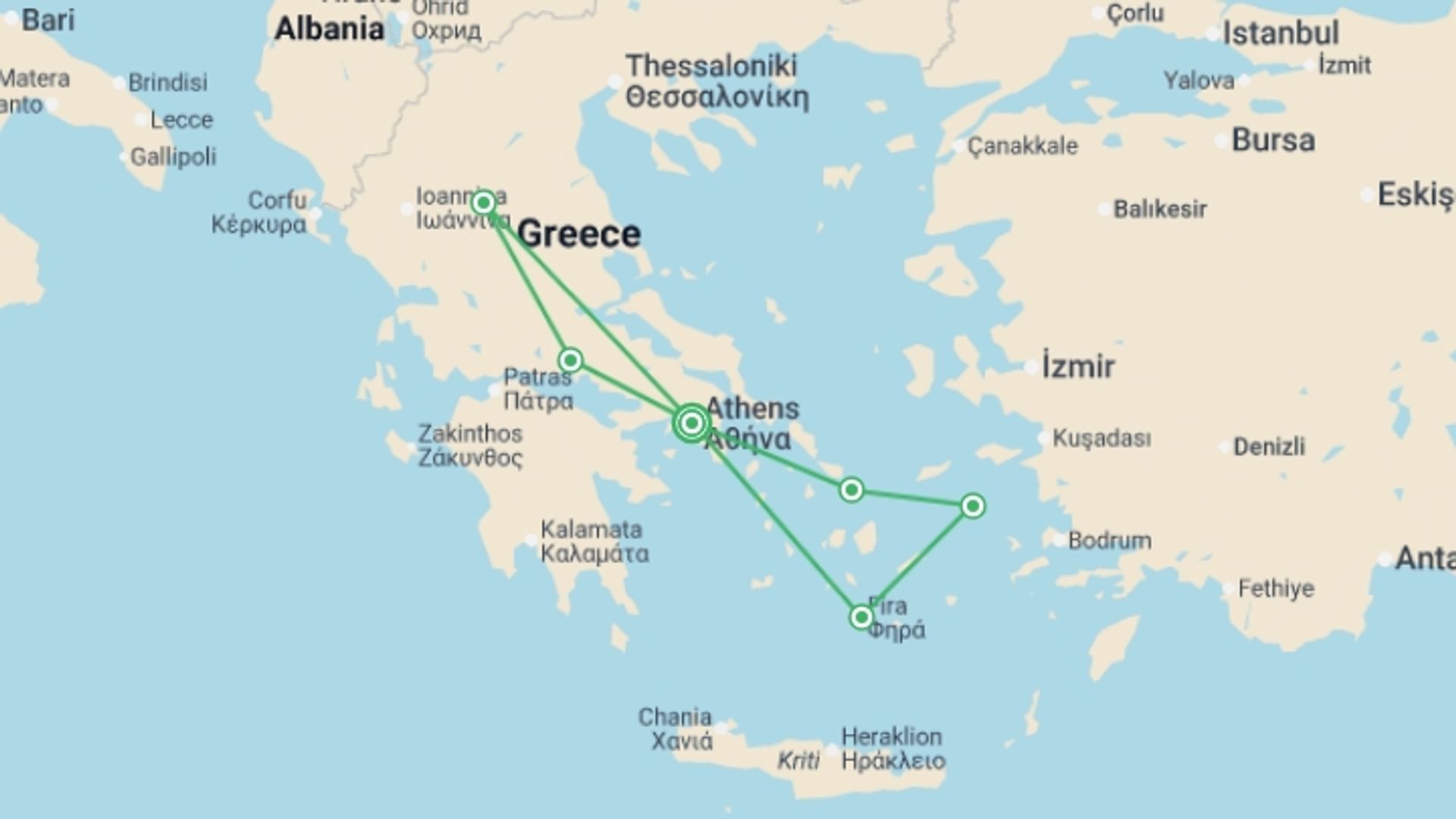 A map showing the tour itinerary for the trip: Highlights of Greece with Cruise, starting in Athens, Greece and ending in Athens, Greece going through 5 other destinations.