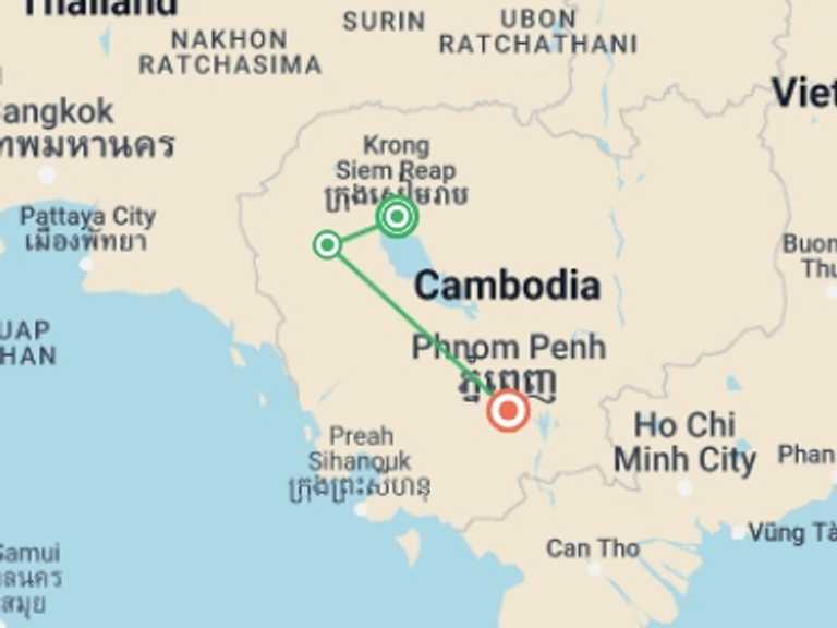 Map itinerary of Cambodia Tour in March 2027 with 3 destination visits for the trip: A Historical Journey in Cambodia - 10 Days Private Tour