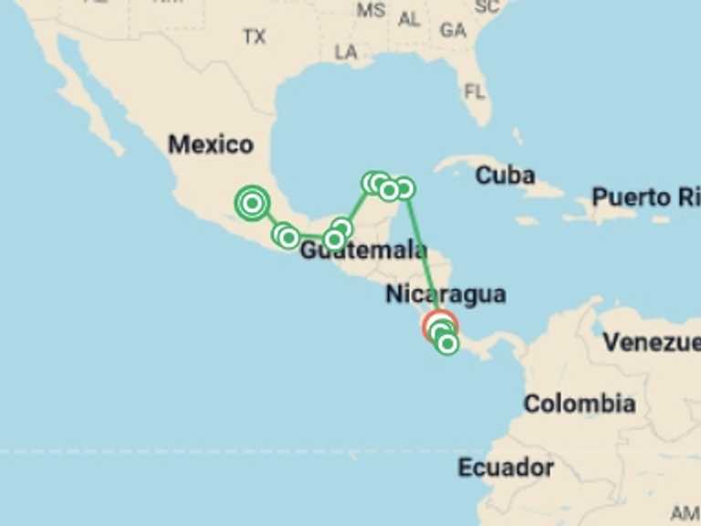Map itinerary of Mexico City Tour in August 2027 with 11 destination visits for the trip: Best of Mexico & Costa Rica