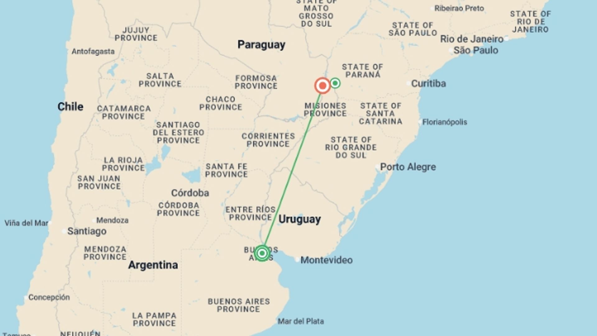 A map showing the tour itinerary for the trip: Buenos Aires & Iguazu Air-Expedition 7D/6N, starting in Buenos Aires, Argentina and ending in Puerto Iguazu, Argentina going through 0 other destinations.