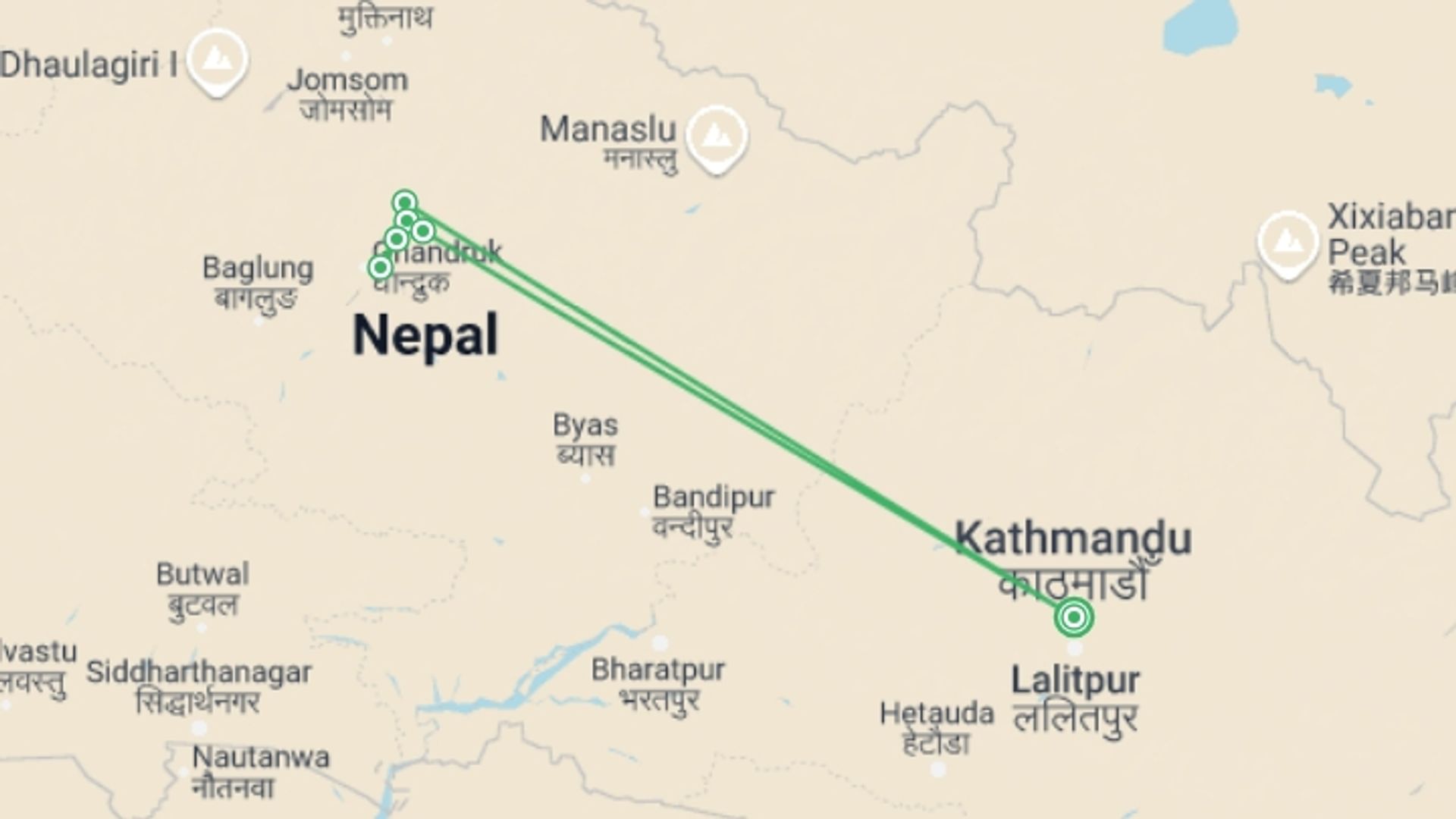 A map showing the tour itinerary for the trip: Mardi Himal Trek, starting in Kathmandu, Nepal and ending in Kathmandu, Nepal going through 6 other destinations.