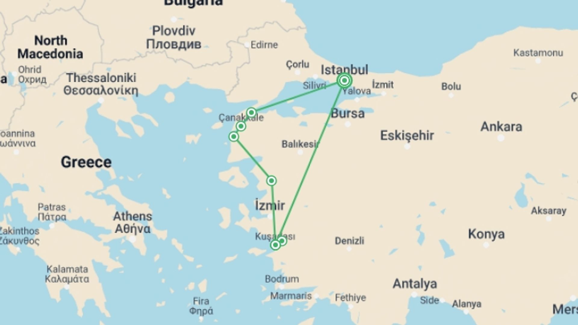 A map showing the tour itinerary for the trip: Istanbul, Gallipoli, Troy, Pergamon & Kusadasi, Private Tour, starting in Istanbul, Turkey and ending in Istanbul, Turkey going through 2 other destinations.