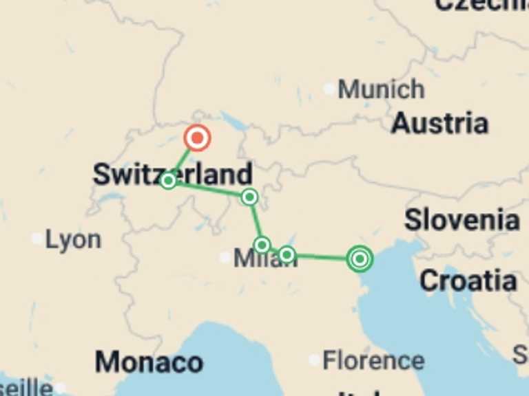 Map itinerary of Zurich Tour in Spring with 6 destination visits for the trip: Vistas of Italy and Switzerland