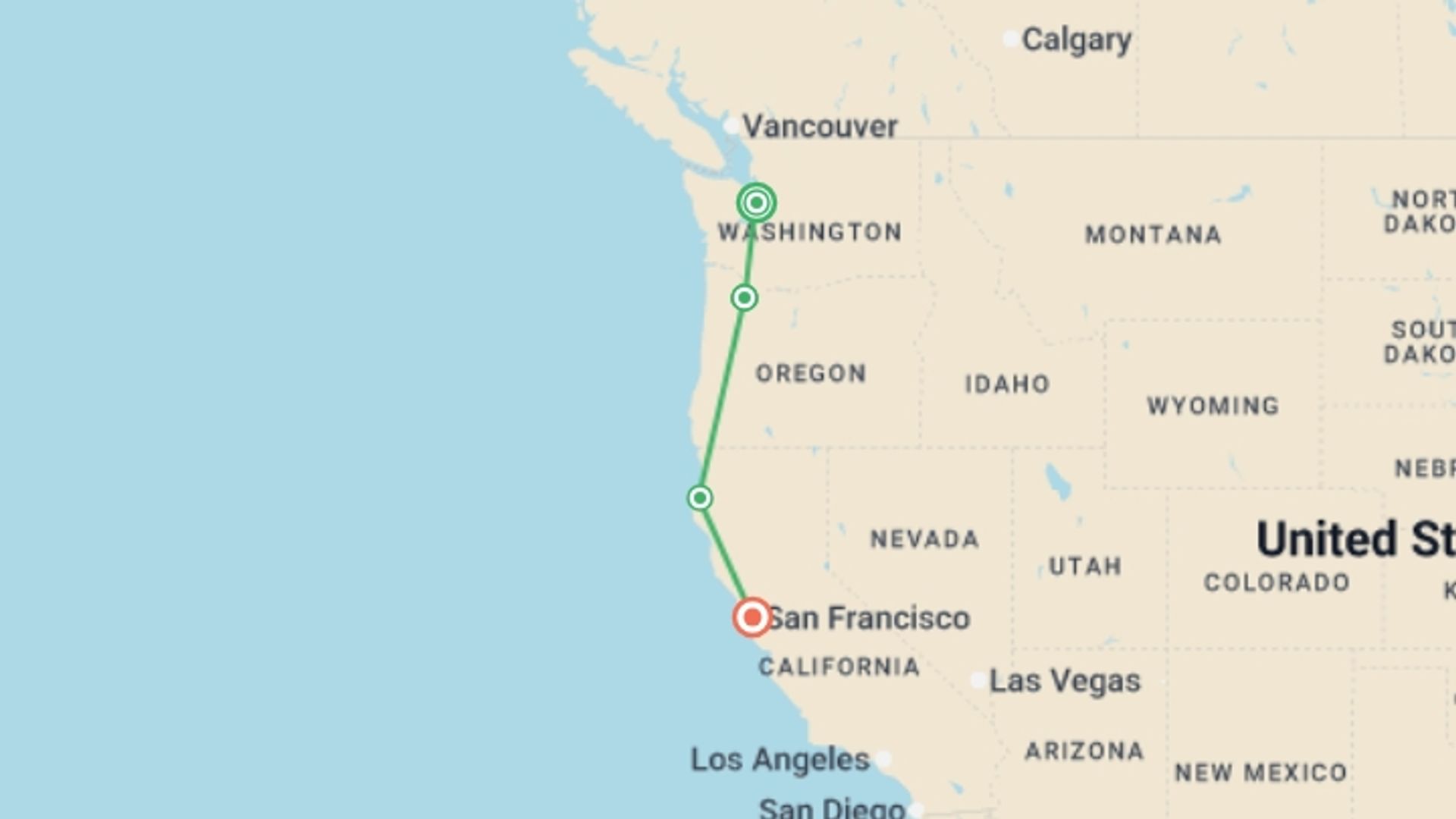 A map showing the tour itinerary for the trip: Pacific Northwest & California featuring Washington, Oregon and California, starting in Seattle, USA and ending in San Francisco, USA going through 0 other destinations.