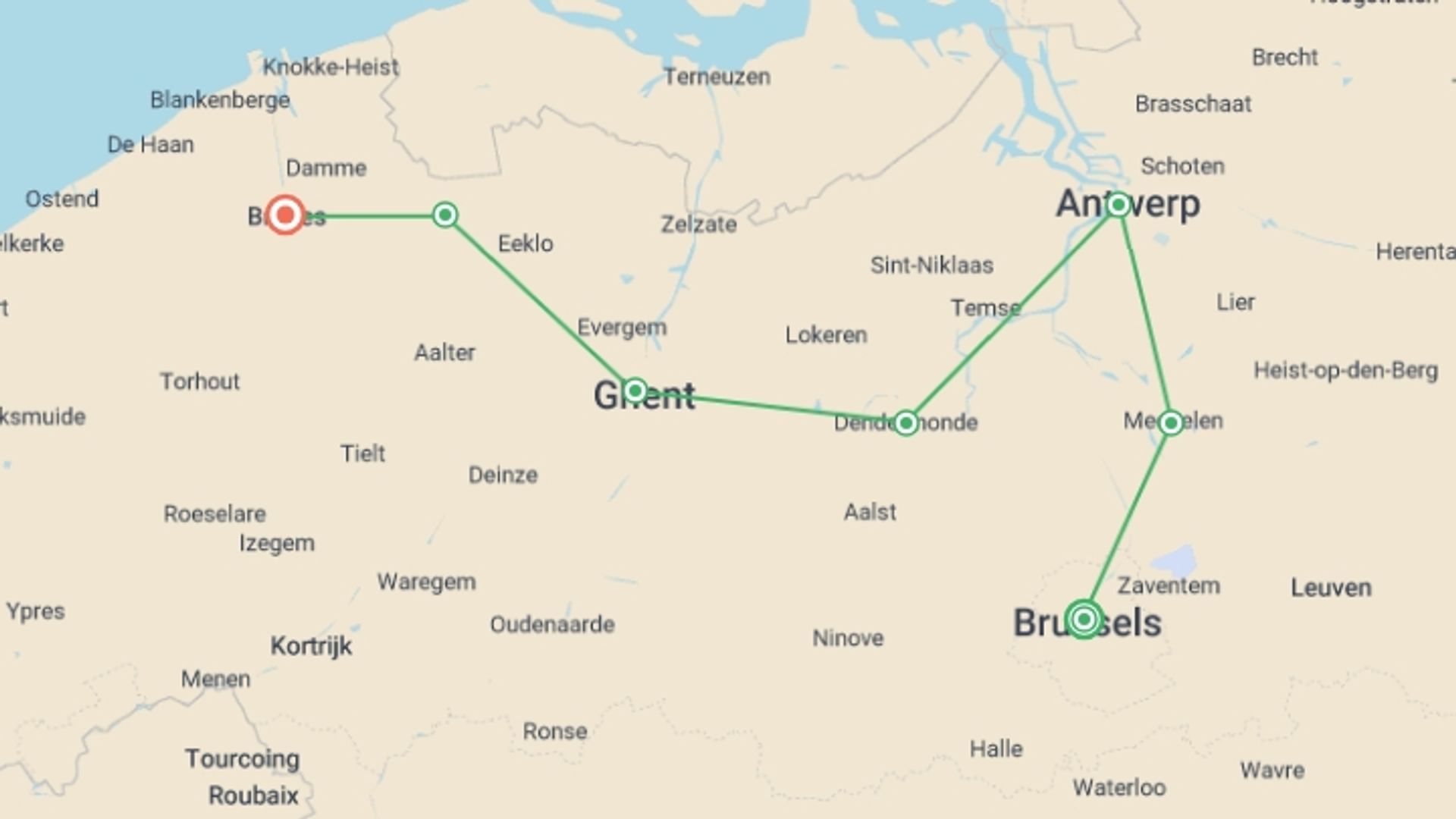 A map showing the tour itinerary for the trip: Belgium Cycle - Brussels to Bruges, starting in Brussels, Belgium and ending in Bruges, Belgium going through 5 other destinations.