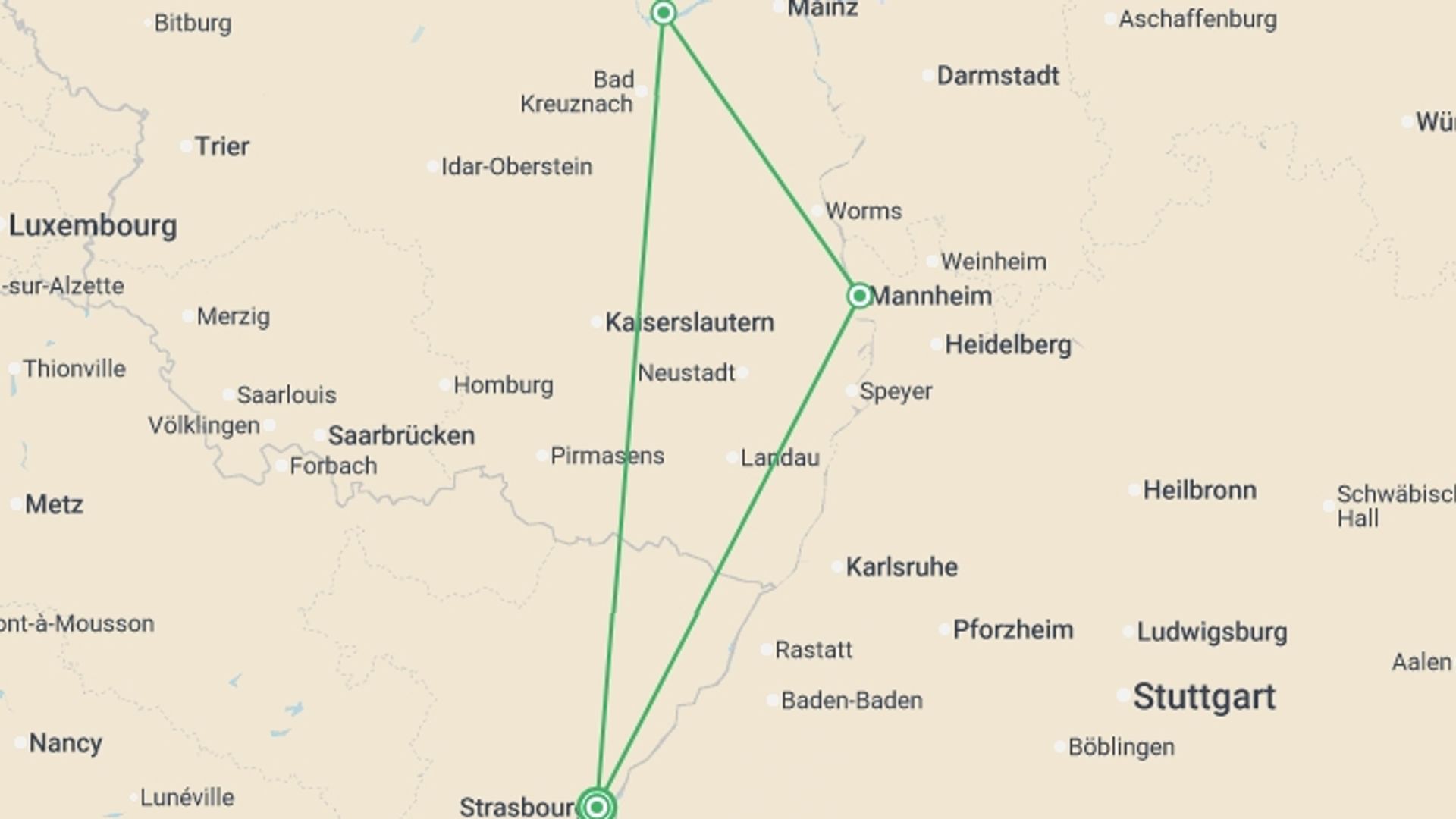 A map showing the tour itinerary for the trip: Cruise Festival: Legends, Festivities, and Delicacies on the Romantic Rhine River, starting in Strasbourg, France and ending in Strasbourg, France going through 2 other destinations.