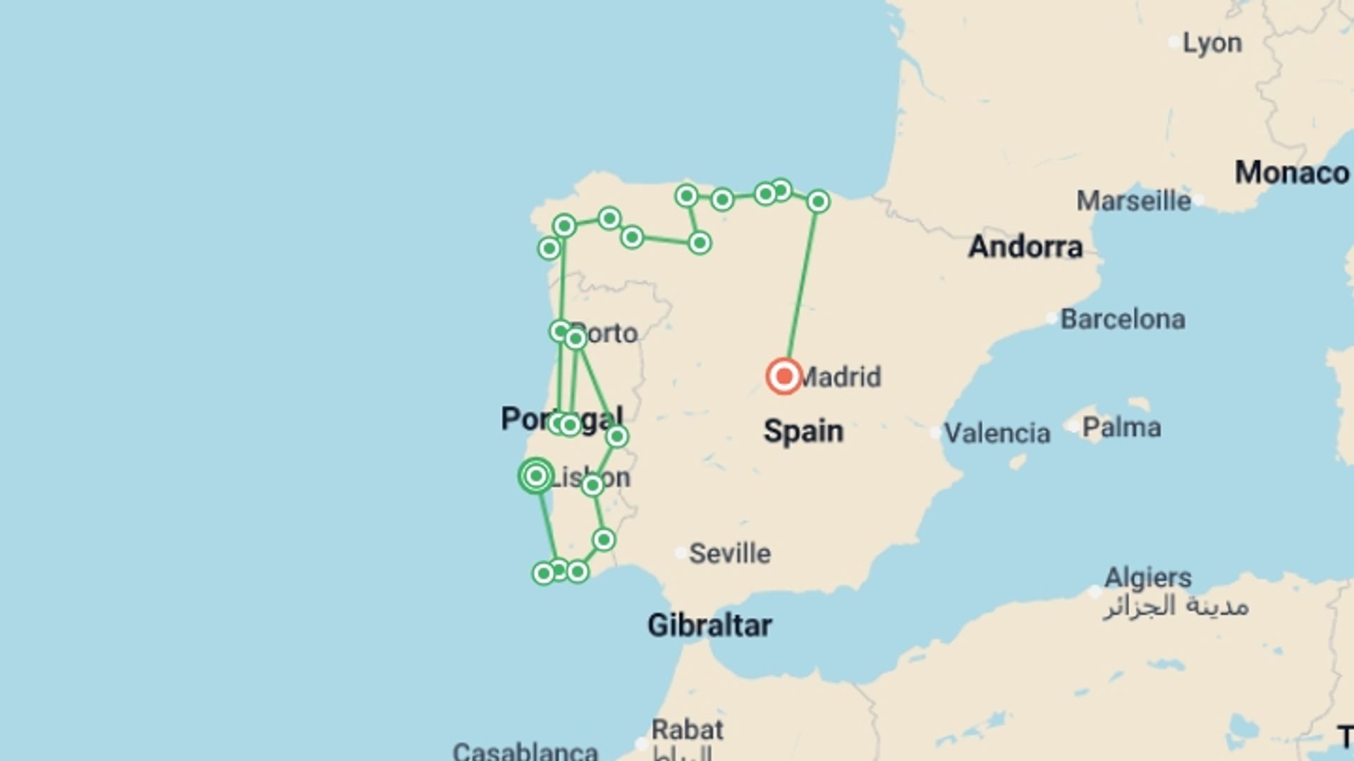 A map showing the tour itinerary for the trip: Complete Portugal and Northern Spain, starting in Lisbon, Portugal and ending in Madrid, Spain going through 7 other destinations.