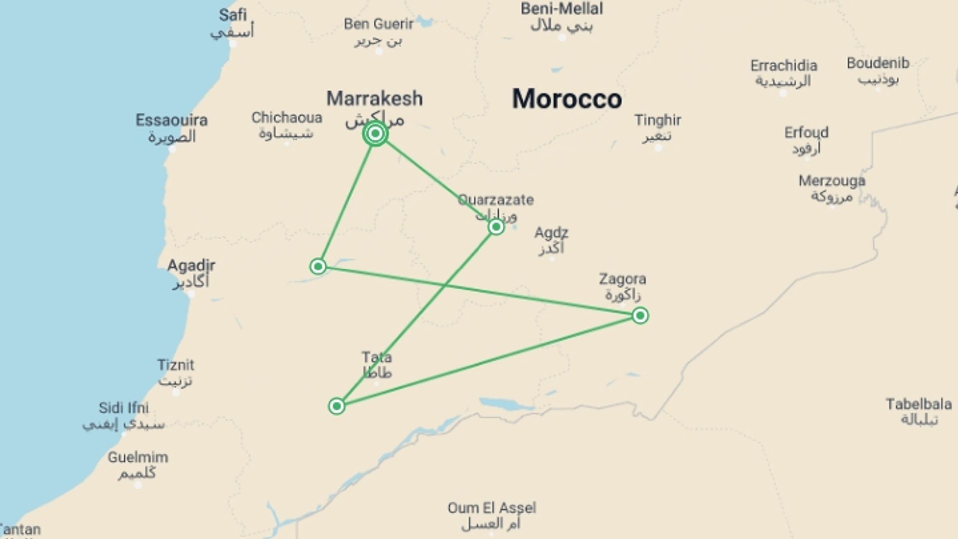 A map showing the tour itinerary for the trip: Sahara And High Atlas, Private Tour, starting in Marrakech, Morocco and ending in Marrakech, Morocco going through 4 other destinations.