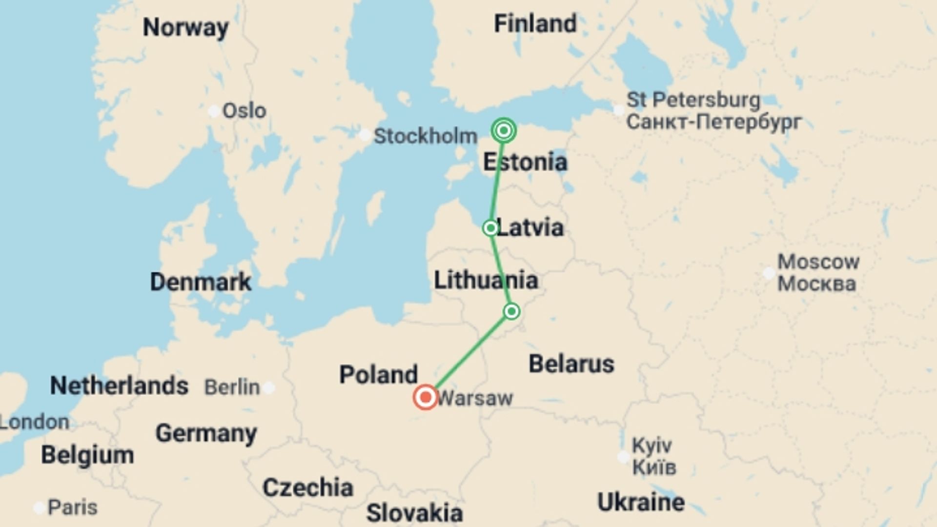A map showing the tour itinerary for the trip: Stunning Baltics End Warsaw, starting in Tallinn, Estonia and ending in Warsaw, Poland going through 2 other destinations.