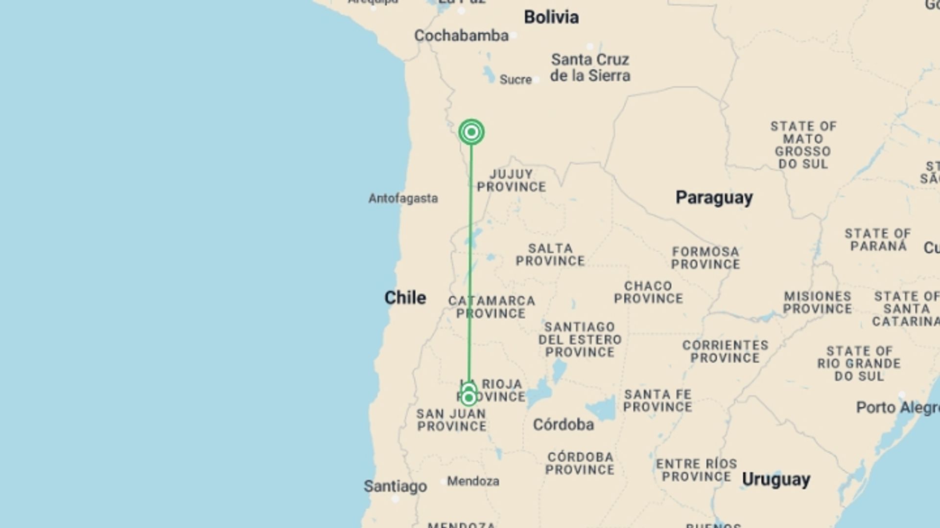 A map showing the tour itinerary for the trip: 4-Day Trip San Juan, starting in San Juan, Bolivia and ending in San Juan, Bolivia going through 2 other destinations.