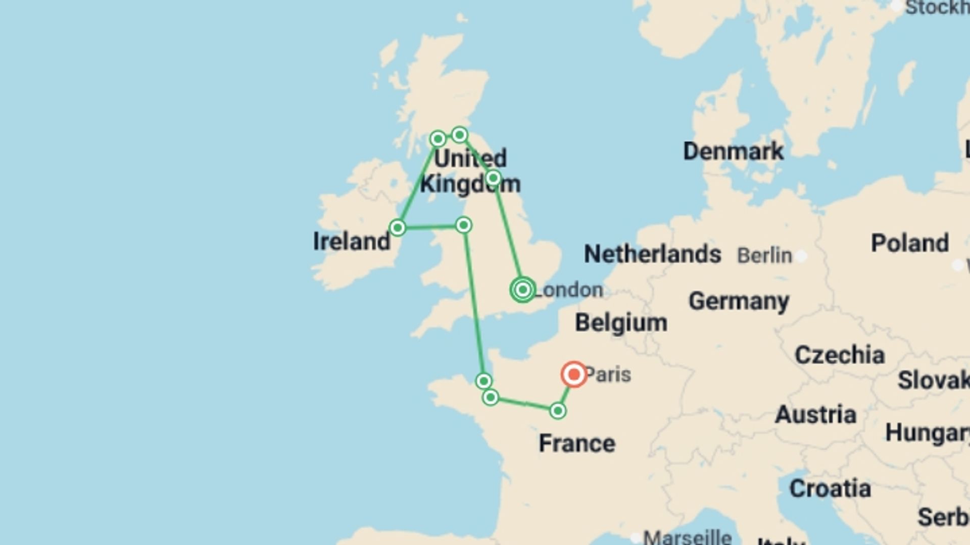 A map showing the tour itinerary for the trip: Best of the UK, Ireland and France, starting in London, England and ending in Paris, France going through 10 other destinations.