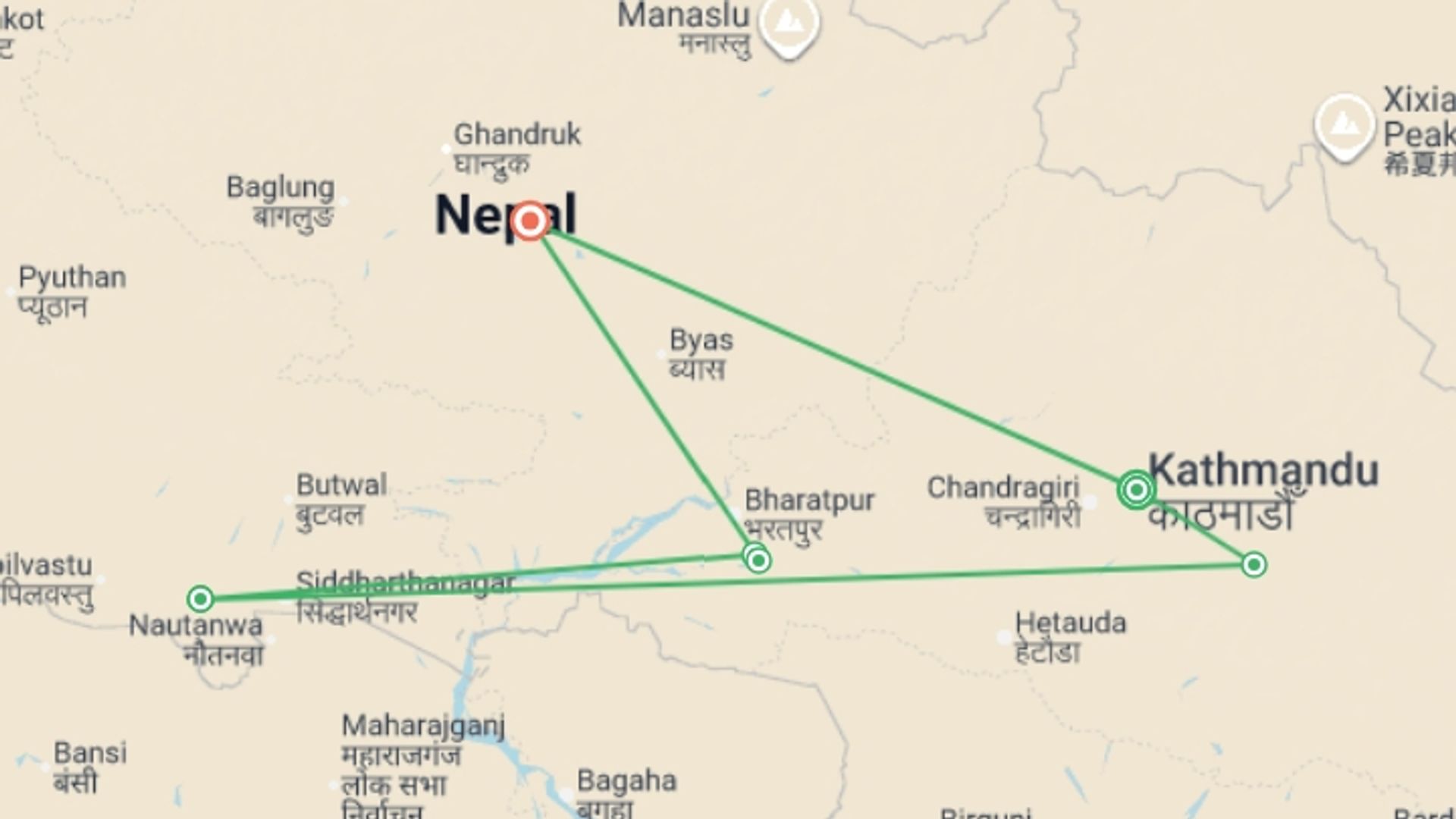 A map showing the tour itinerary for the trip: Nepal Discovery Small Group Tour, starting in Kathmandu, Nepal and ending in Pokhara, Nepal going through 4 other destinations.