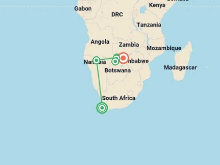 Map of Africa Wildlife safaris and game drives Tour with 7 destination visits for the trip: African Wildlife Explorer