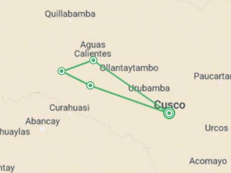 Map of Peru Tour with 4 destination visits for the trip: Salkantay Trek To Machu Picchu