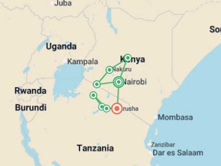 Map of Africa Tour with 9 destination visits for the trip: Kenya & Tanzania Camping Safari