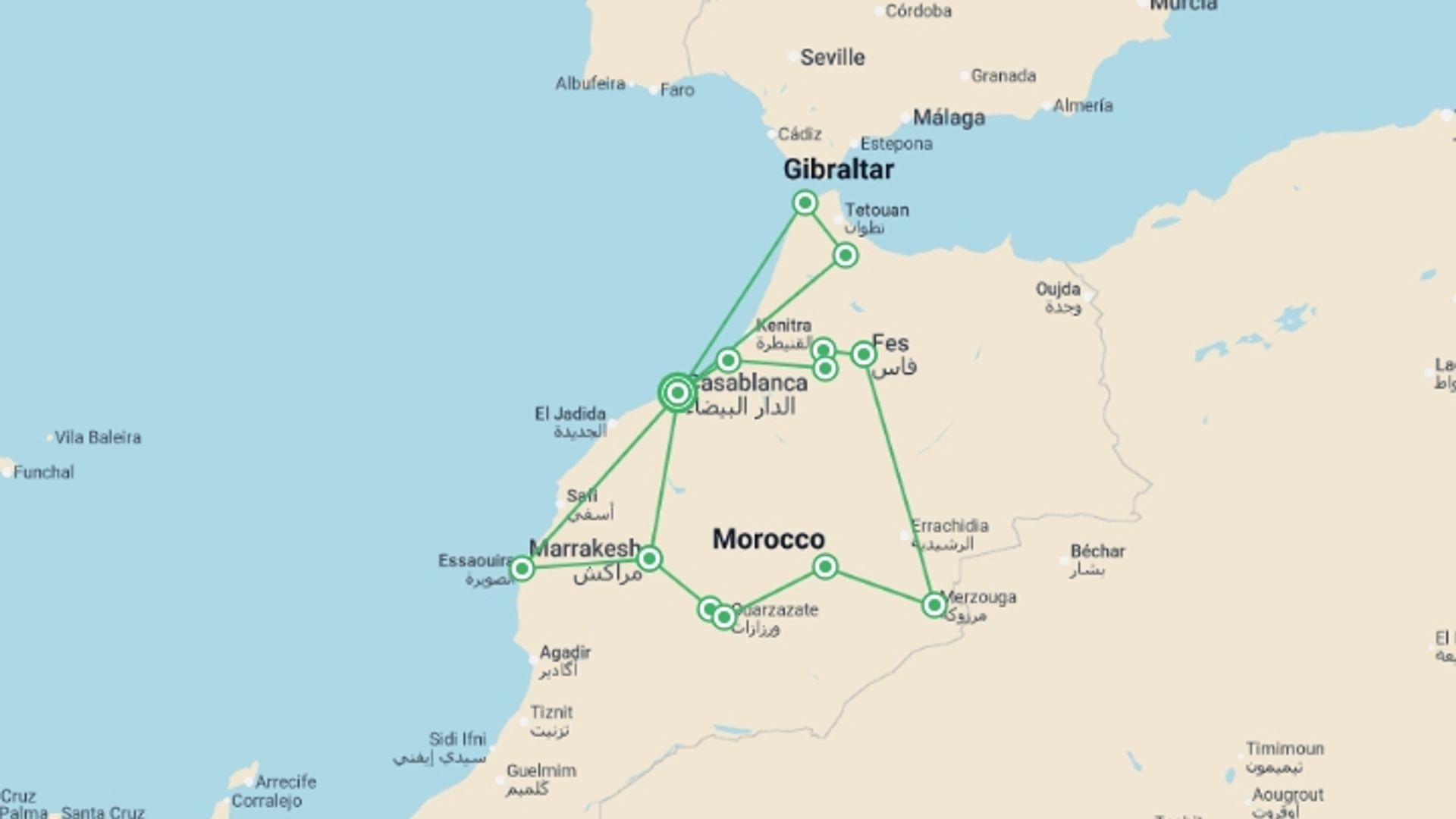 A map showing the tour itinerary for the trip: Casablanca to Essaouira with Chefchaouen - 15 days, starting in Casablanca, Morocco and ending in Casablanca, Morocco going through 8 other destinations.