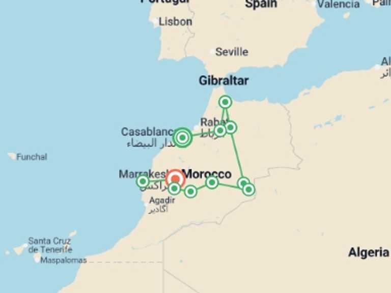 Map itinerary of Chefchaouen Tour in June 2027 with 11 destination visits for the trip: Premium Morocco in Depth with Essaouira