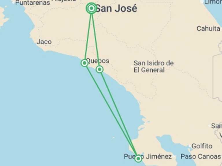 Map itinerary of Costa Rica Tour in Fall with 4 destination visits for the trip: Best of Costa Rica