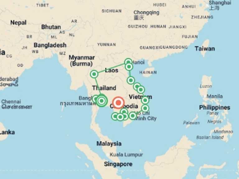 Map of South East Asia Tour with 17 destination visits for the trip: Ultimate Adventure: Thailand, Vietnam & Cambodia Vibes