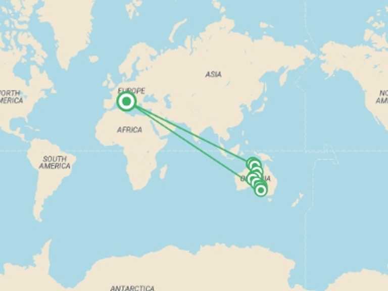 Map itinerary of Italy Tour in June 2026 with 13 destination visits for the trip: Outback Icons
