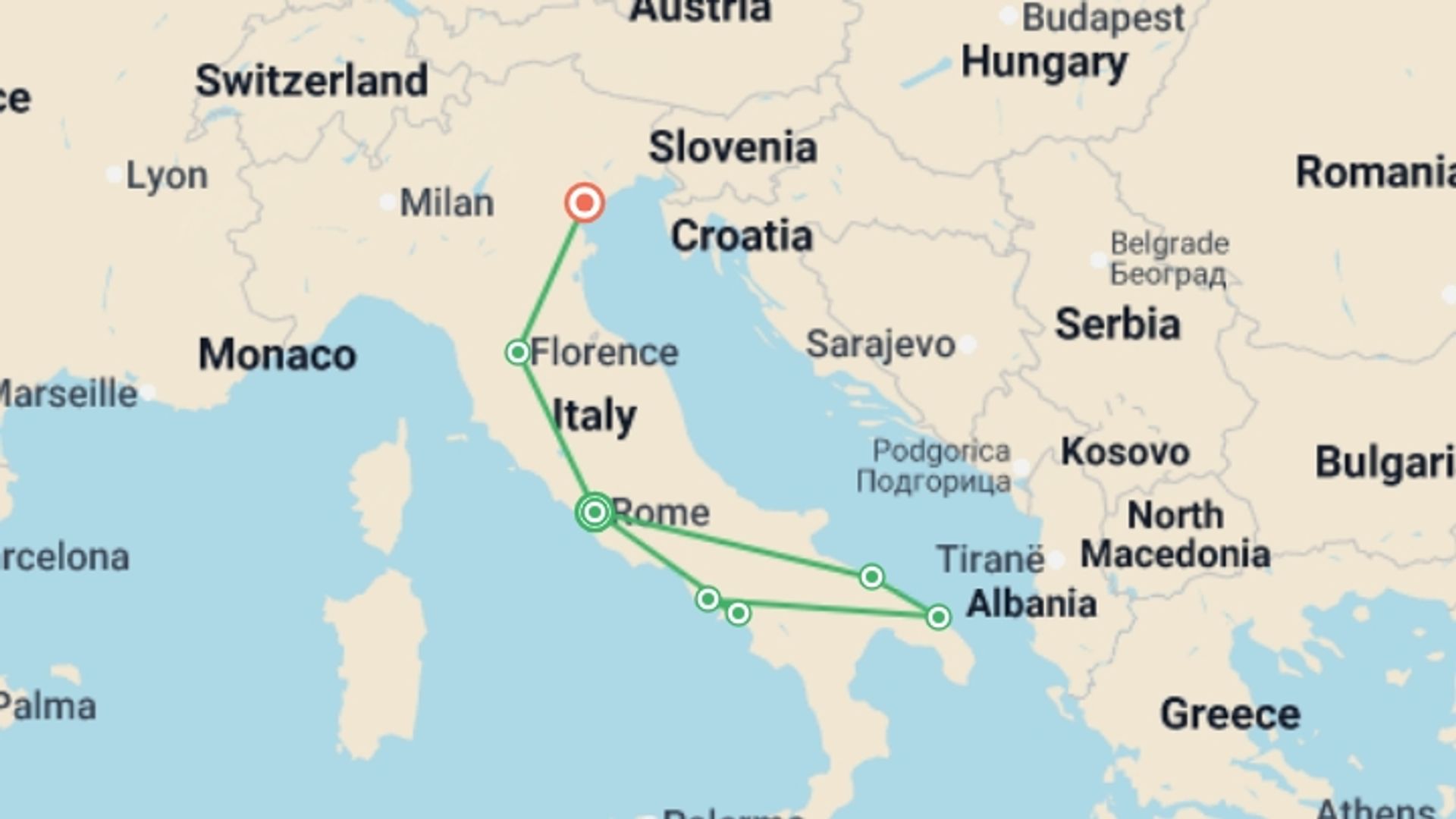 A map showing the tour itinerary for the trip: Rome, Puglia and Campania With Northern Italy End Venice, starting in Rome, Italy and ending in Venice, Italy going through 5 other destinations.